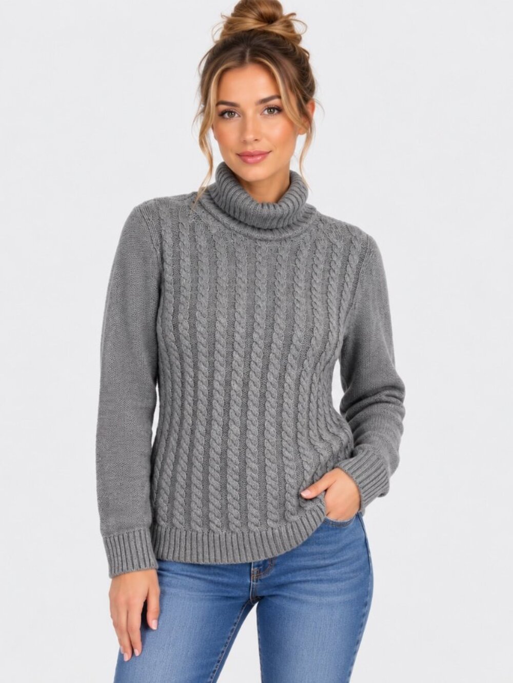 Croft & Barrow Women’s Small Gray Cable Knit Turtleneck Sweater Long Sleeve